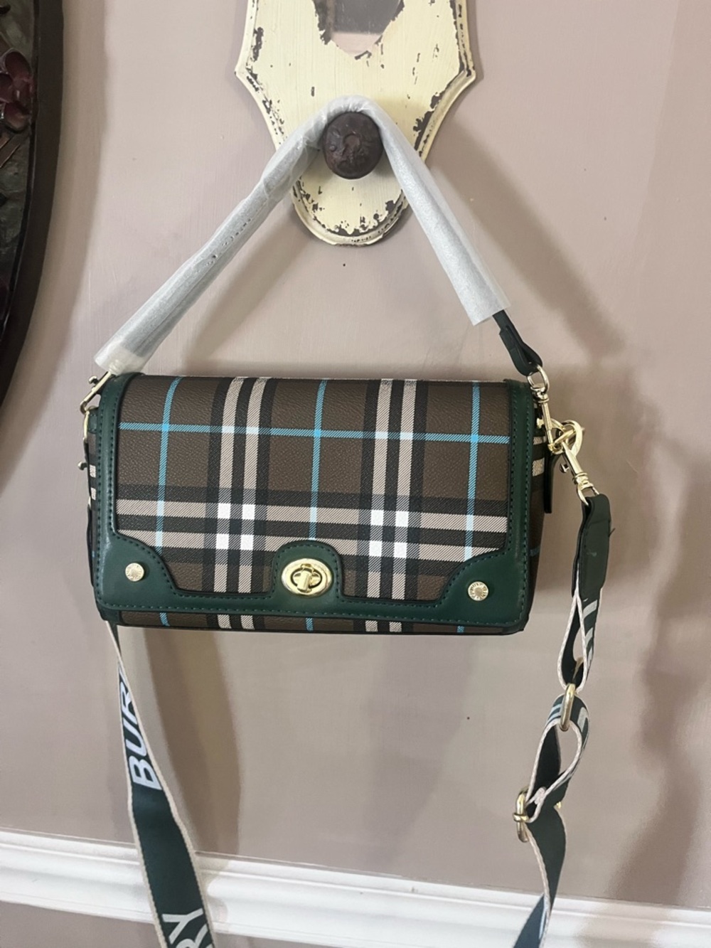 Burberry style  Green and Brown Plaid Crossbody with Logo Strap - Picture 8 of 11